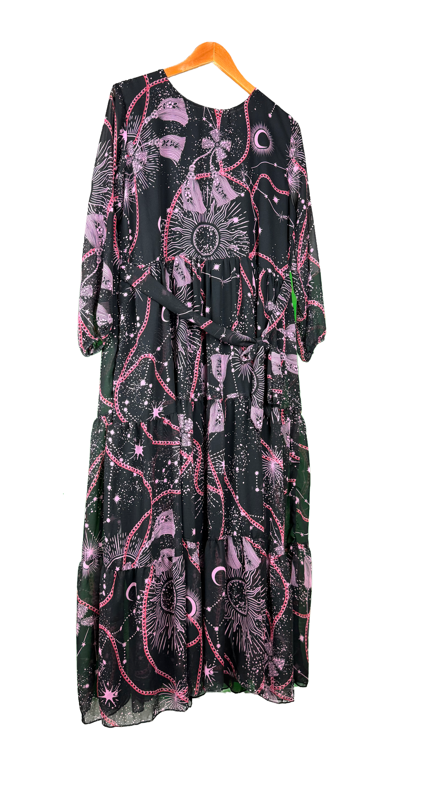 1 Piece - Korean Chiffon Elegant Floral Frock Dress 80 inch Flare and adjustable waist using built-in belt.