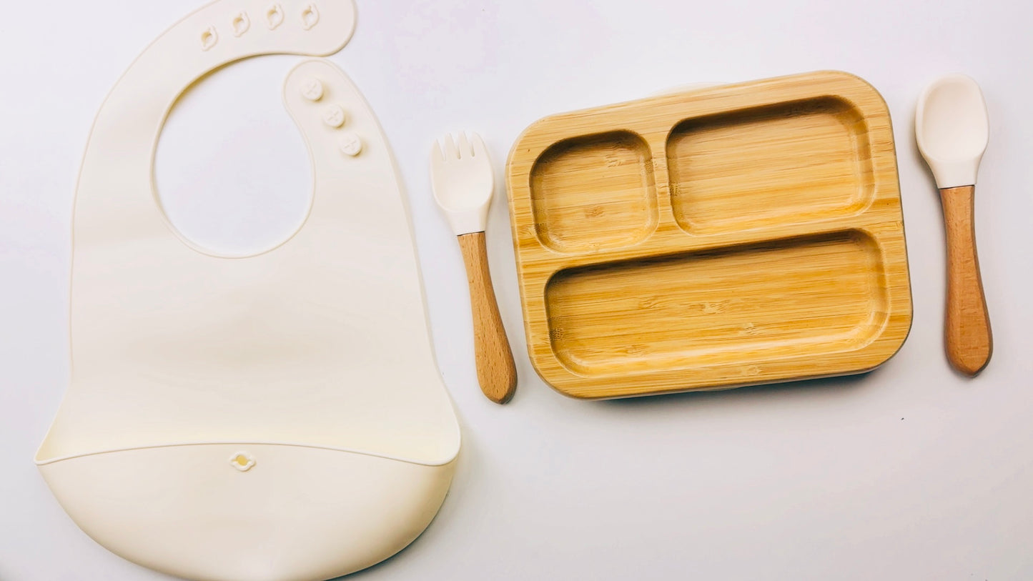 4pcs Bamboo Bowl & Plate with Silicone Suction, 2024 Hot Sells Baby Utensils