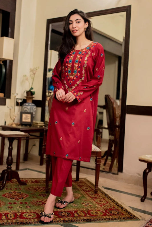2 Piece Floral Patterned Embroidery neckline and sleeves - Red