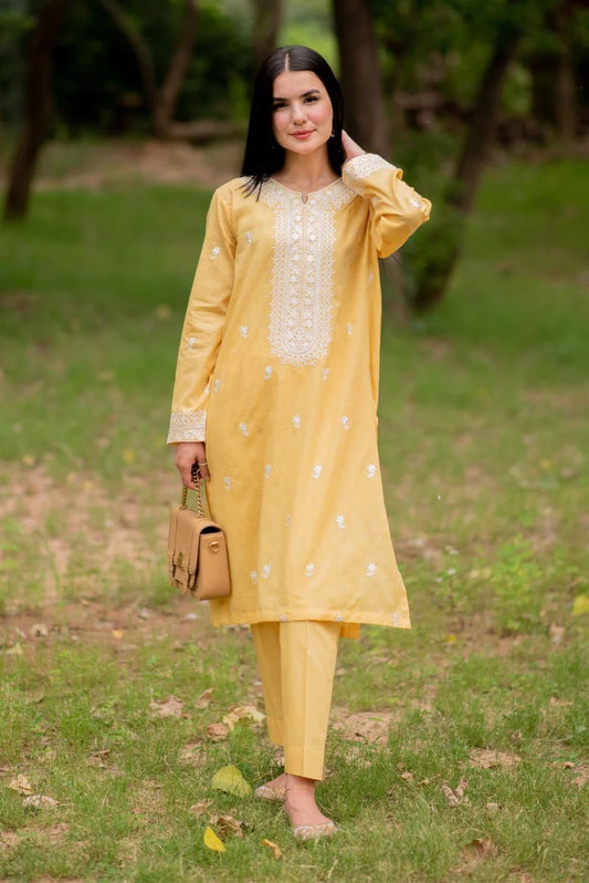 2 Piece Decent Embroidery neckline and sleeves - Yellow
