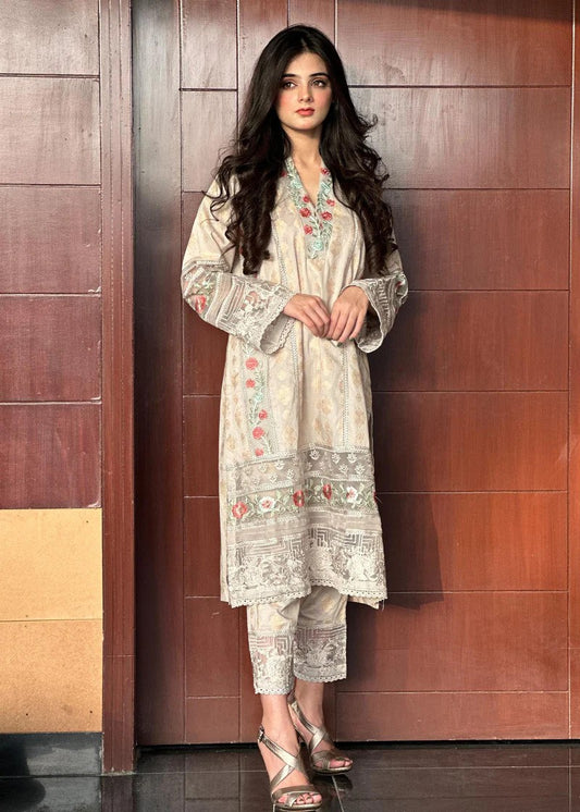 2 Piece Jacquard Panelled Embroidery - Grey