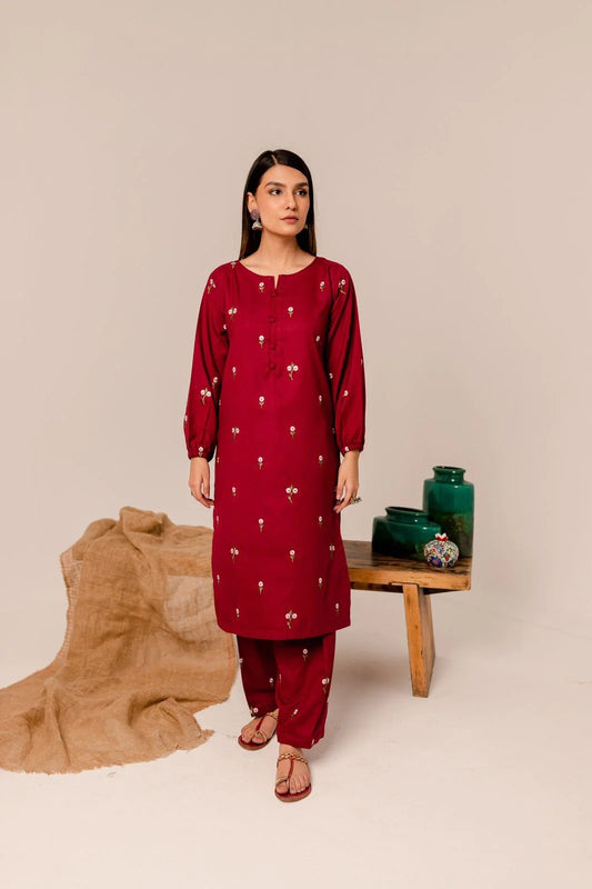 2 Piece Winters Embroidered Dress - Deep Red