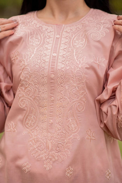 2 Piece Intricate Embroidery neckline and sleeves - Tea Pink