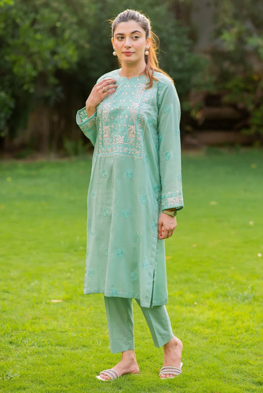 2 Piece Classy Embroidery on Front and sleeves - Mint Green