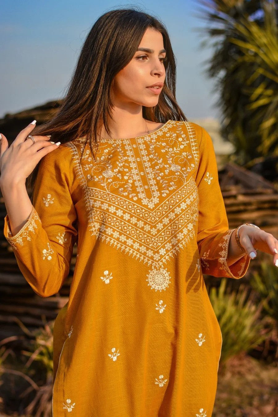 2 Piece Beautiful Embroidery neckline and sleeves - Mustard
