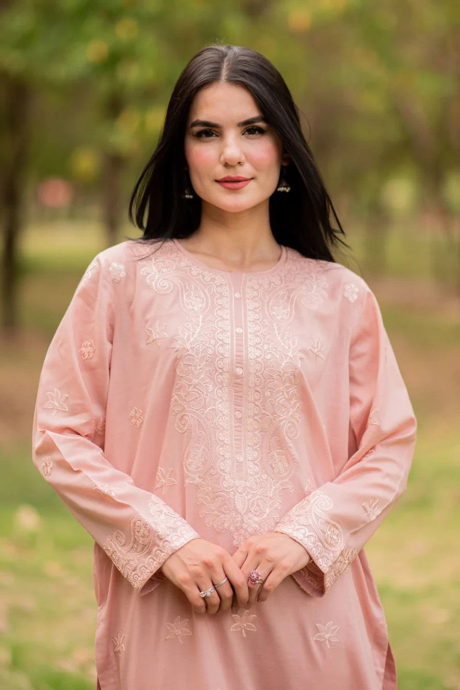 2 Piece Intricate Embroidery neckline and sleeves - Tea Pink