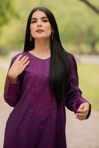 2 Piece Decent Detailed Embroidery neckline and sleeves - Purple