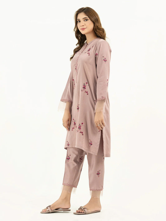 2 Piece Satin Suit-Embroidered - Tea Pink