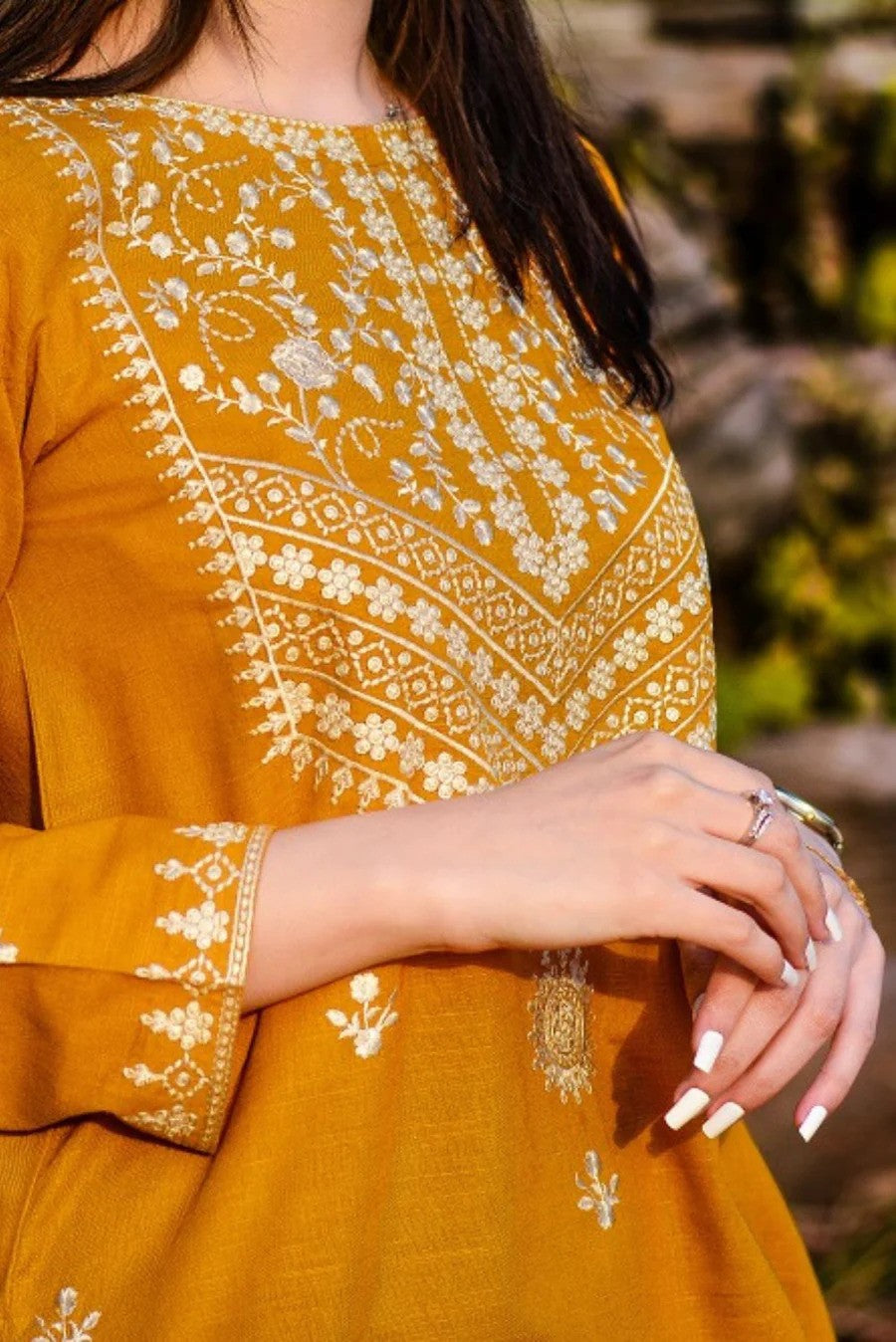2 Piece Beautiful Embroidery neckline and sleeves - Mustard