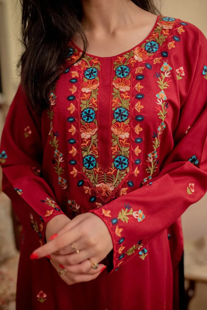 2 Piece Floral Patterned Embroidery neckline and sleeves - Red