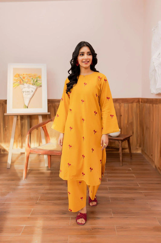 2 Piece Winters Embroidered Dress - Mustard