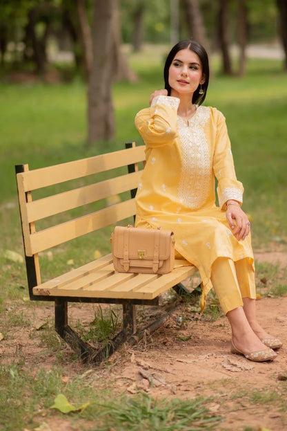 2 Piece Decent Embroidery neckline and sleeves - Yellow
