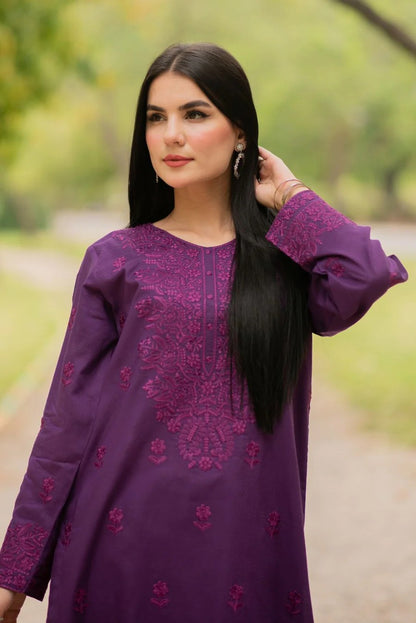 2 Piece Decent Detailed Embroidery neckline and sleeves - Purple