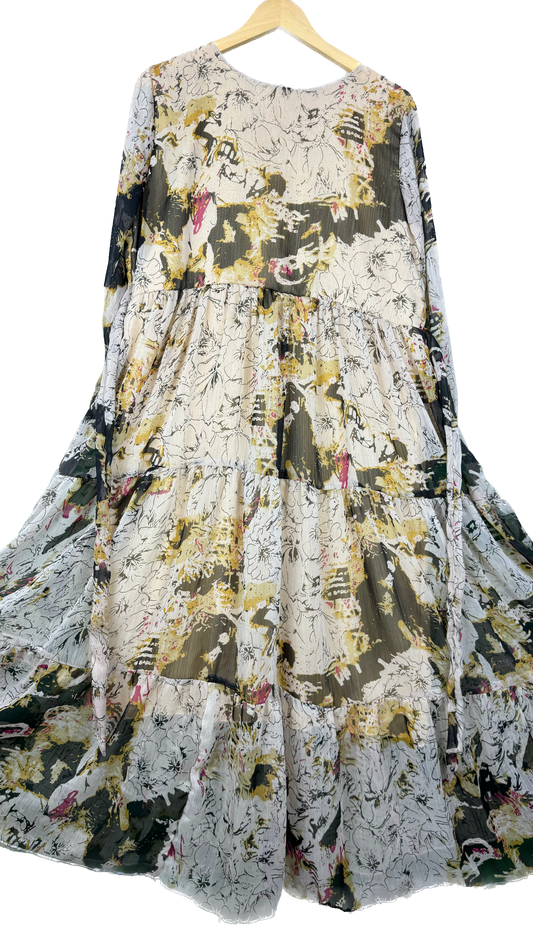 1 Piece - Korean Chiffon Elegant Floral Frock Dress 80 inch Flare and adjustable waist using built-in belt.