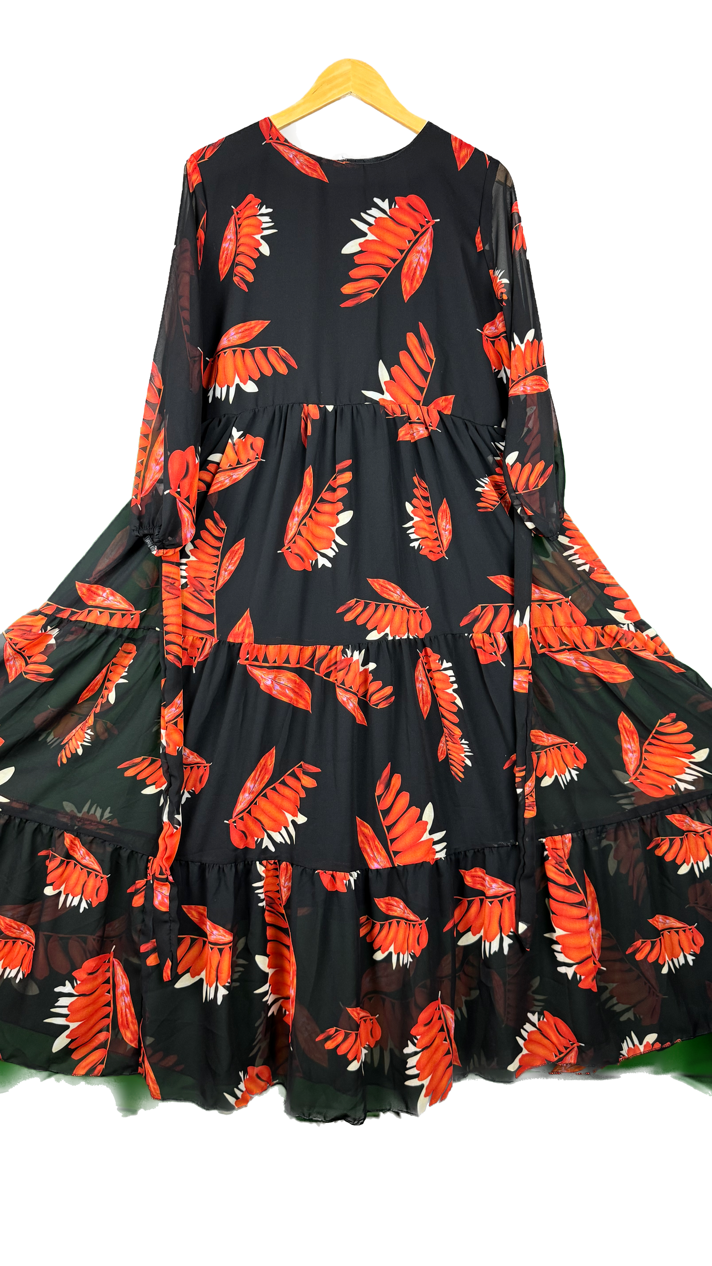 1 Piece - Korean Chiffon Elegant Floral Frock Dress 80 inch Flare and adjustable waist using built-in belt.