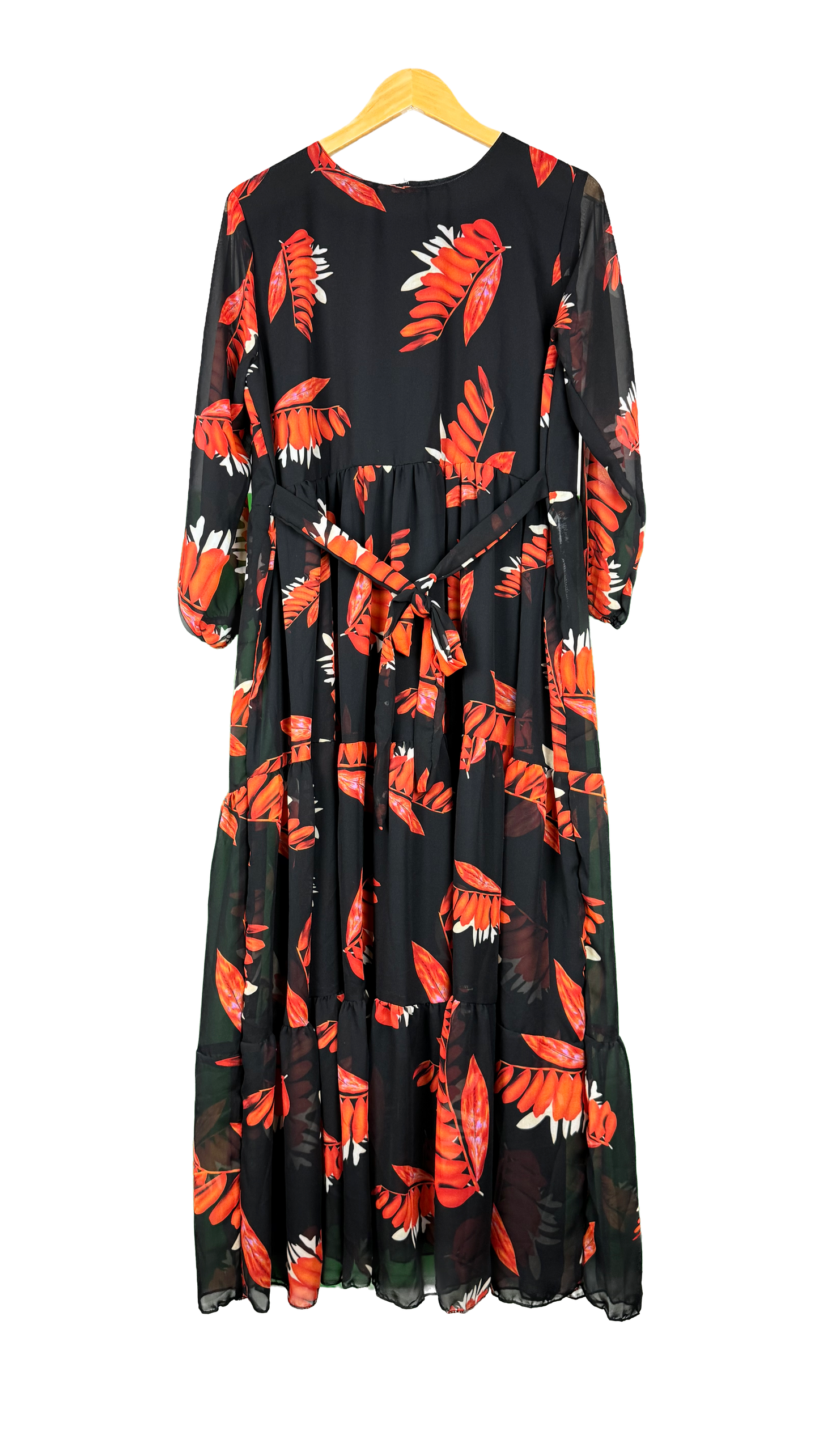 1 Piece - Korean Chiffon Elegant Floral Frock Dress 80 inch Flare and adjustable waist using built-in belt.
