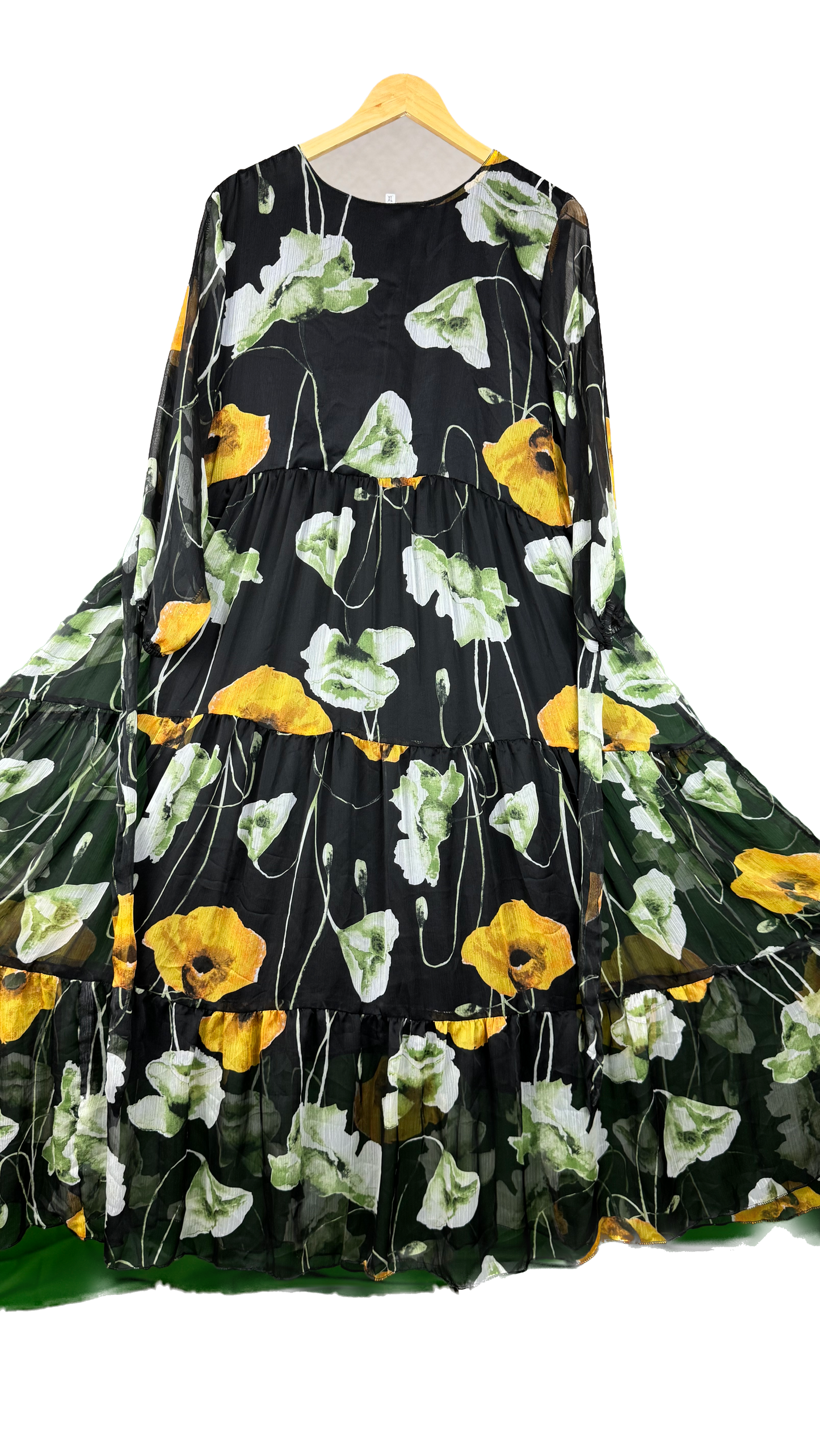 1 Piece - Korean Chiffon Elegant Floral Frock Dress 80 inch Flare and adjustable waist using built-in belt.