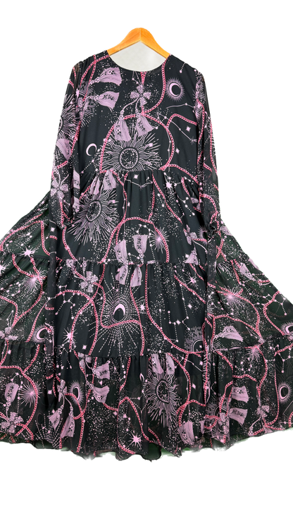 1 Piece - Korean Chiffon Elegant Floral Frock Dress 80 inch Flare and adjustable waist using built-in belt.