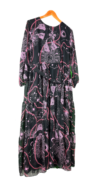 1 Piece - Korean Chiffon Elegant Floral Frock Dress 80 inch Flare and adjustable waist using built-in belt.